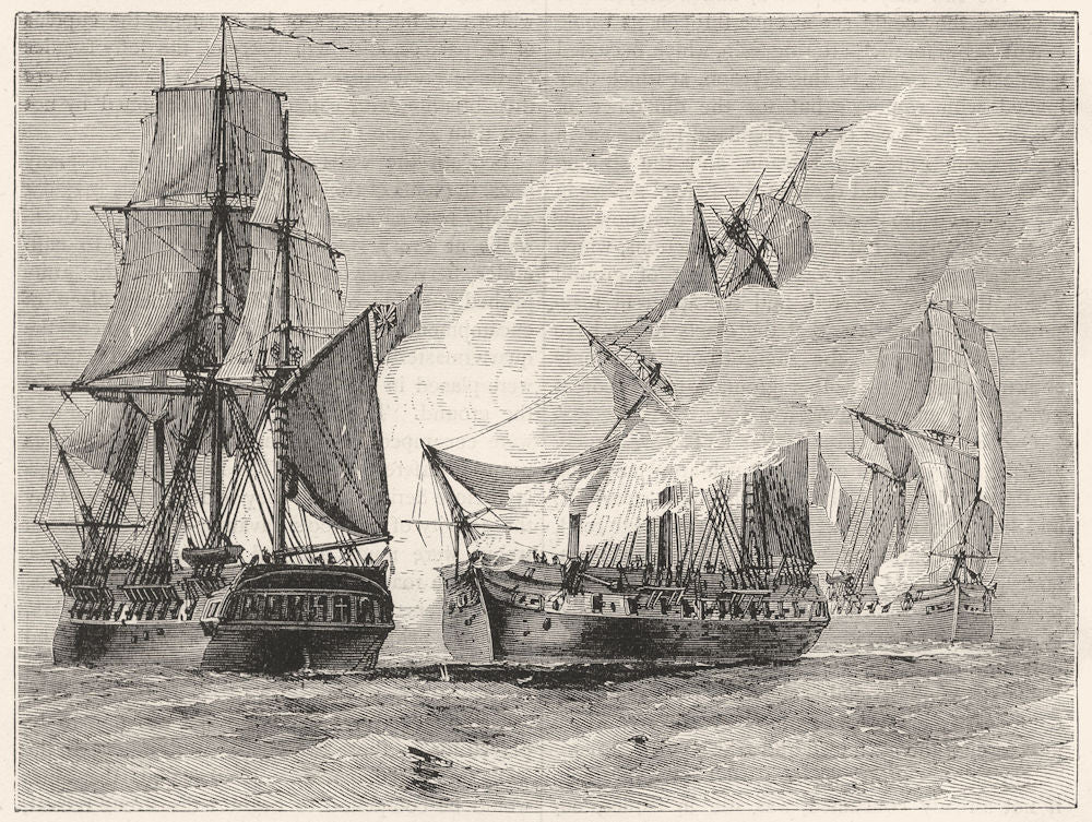INDIA. Engagement between English and French cruisers c1880 old antique print